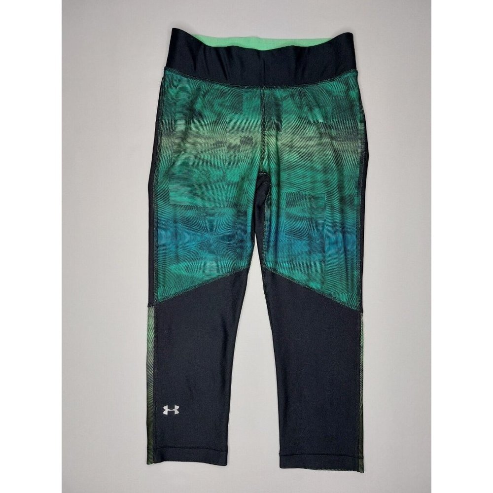 Under Armour Womens Small Heat Gear Black Compression Capri Leggings Black Green